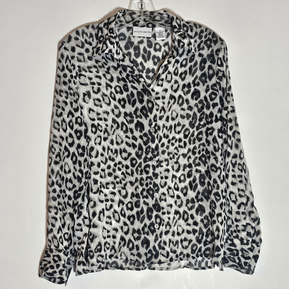Jaclyn Smith Top Womens 8 Gray Leopard Long Sleeve Button Up Lightweight Office